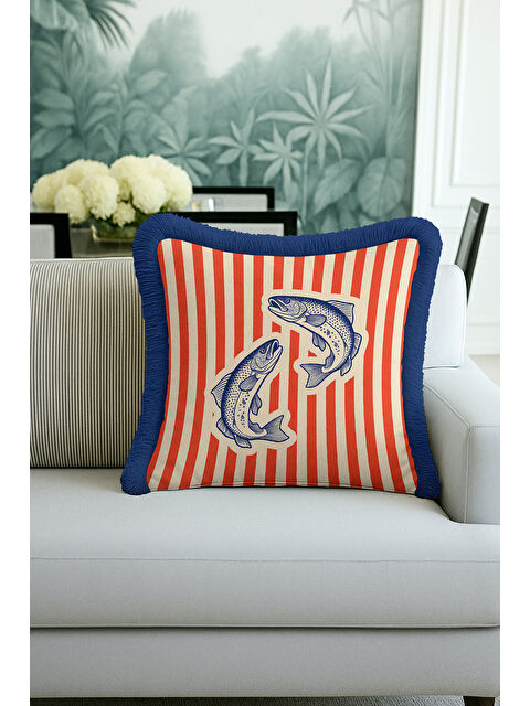 Milbay Grup Nautical Balık Çizimli Saçaklı Yastık Kılıfı - Marin Temalı Kırmızı Lacivert Püsküllü Kırlent Kılıfı