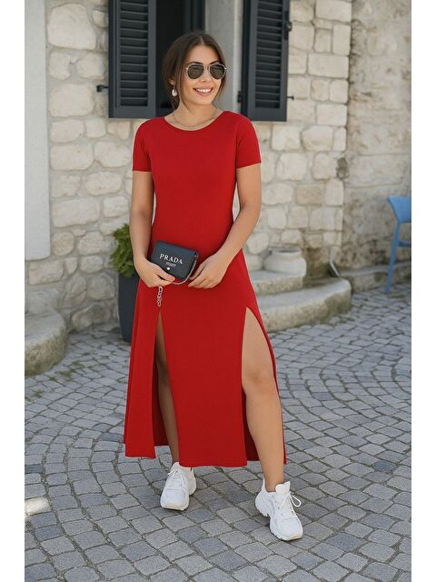 Jane's Kadın Kısa Kollu Sırt Dekolteli Yırtmaç Detaylı Viskon Elbise - S000527730-20045