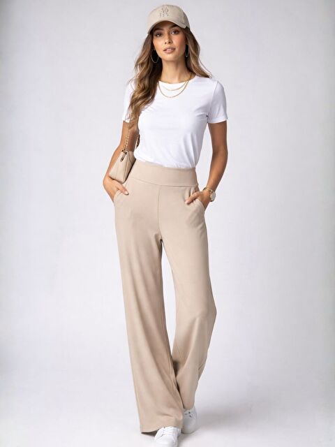 Trendseninle Bej Bel Lastikli Elastanlı Palazzo Yüksek Bel Pantolon