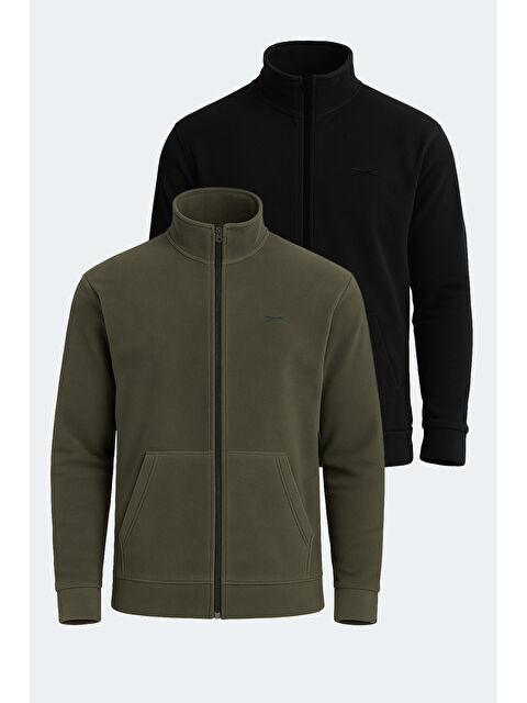 SLAZENGER SANSA 2 Lİ SET Erkek Fermuarlı Dik Yaka Cepli Siyah - Haki Polar