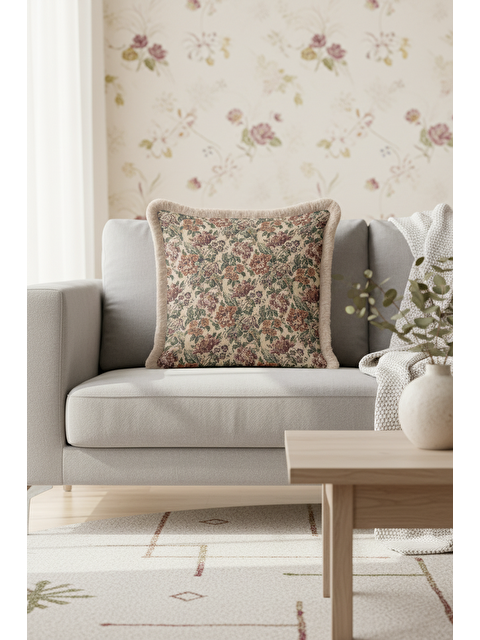 Milbay Grup Lüks Çiçek Bahçesi Saçaklı Yastık Kılıfı - Vintage Rustik Bej Püsküllü Kırlent Kılıfı