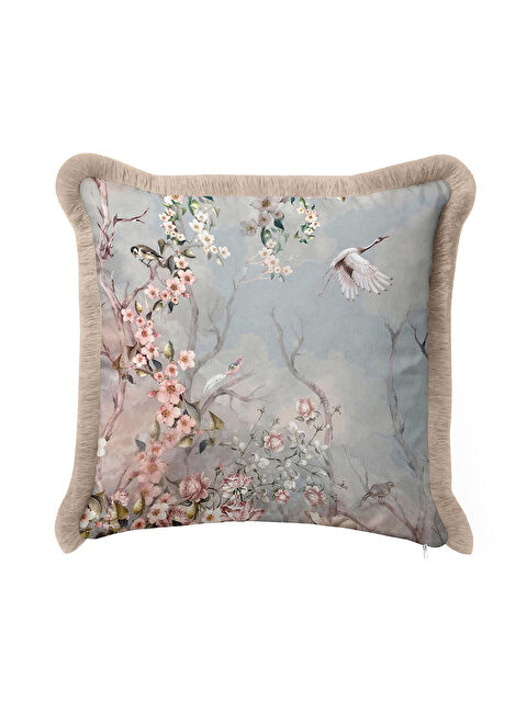 Milbay Grup Elegan Çiçekli Kuşlu Saçaklı Yastık Kılıfı - Pastel Bahar Romantik Vintage Püsküllü Kırlent Kılıfı