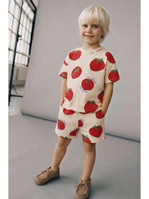 Monila Erkek Çocuk Pamuklu Domates Baskılı T-Shirt Ve Şort Alt Üst Takım