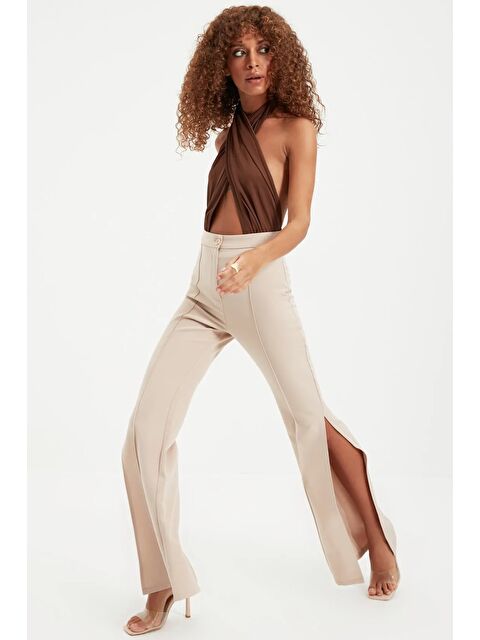 Saade Taş Flare İspanyol Paça Paçası Yırtmaçlı Dokuma Pantolon