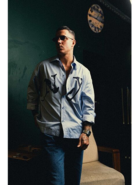 Abluka Online Erkek Oversize Çizgili Baskılı Gömlek Mavi - S000365697-17234