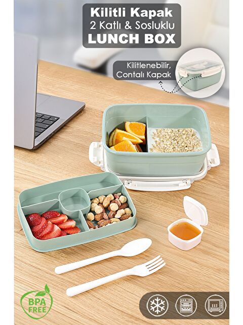 Meleni Home 2 Katlı Kilitli Kapak Yemek Kabı Bölmeli Lunch Box Diyet Beslenme Kutusu Sosluk Çatal Kaşık Yeşil - S000387479-18194