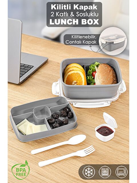 Meleni Home 2 Katlı Kilitli Kapak Yemek Kabı Bölmeli Lunch Box Diyet Beslenme Kutusu Sosluk Çatal Kaşık Gri - S000387482-20600