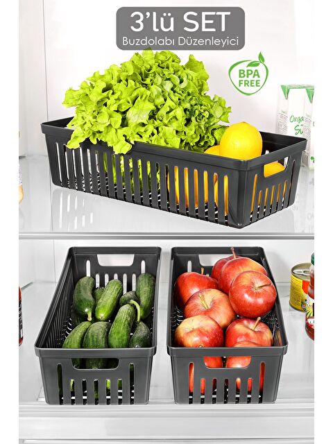 Meleni Home 3 Adet Buzdolabı Düzenleyici Sepet Dolap İçi Meyve Sebze Düzenleyici Organizer Saklama Kabı Siyah - S000387485-19351