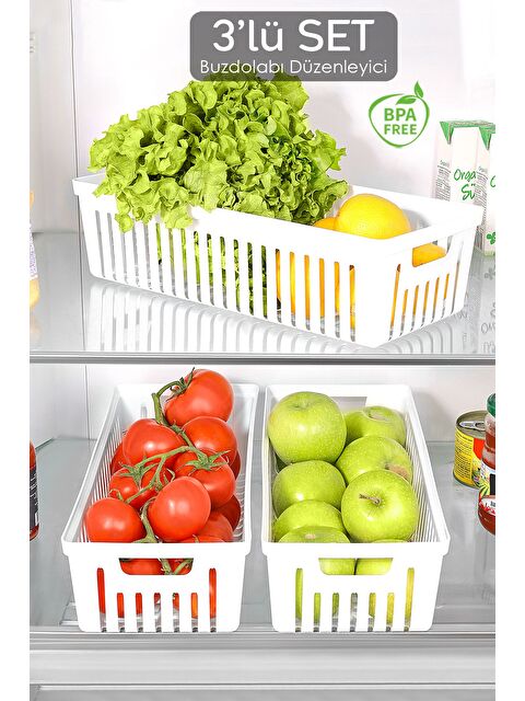 Meleni Home 3 Adet Buzdolabı Düzenleyici Sepet Dolap İçi Meyve Sebze Düzenleyici Organizer Saklama Kabı Beyaz - S000387487-20063