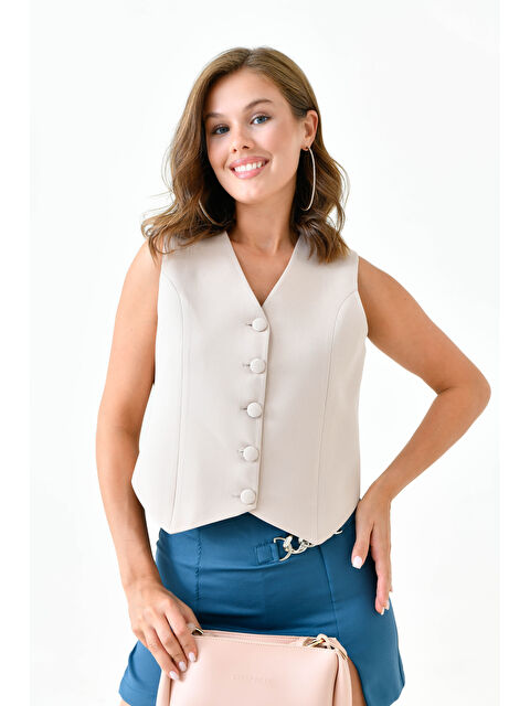 Saade Taş Fitted Düğmeli Dokuma Yelek