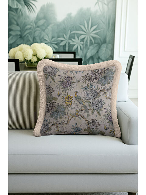 Milbay Grup Zarif Kuş ve Çiçek Motifli Saçaklı Yastık Kılıfı - Klasik Bahçe Vintage Mavi Püsküllü Kırlent Kılıfı