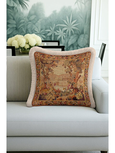 Milbay Grup Klasik Fransız Goblen Manzara Saçaklı Yastık Kılıfı - Vintage Rustik Bej Püsküllü Kırlent Kılıfı
