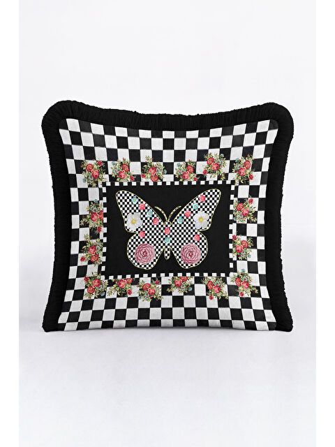 Milbay Grup Zarif Ekose Kelebek Saçaklı Yastık Kılıfı-Gül Motifli Bohem Siyah Püsküllü Kırlent Kılıfı