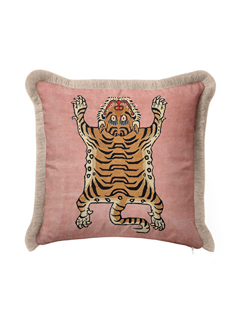 Milbay Grup Lüks Kaplan Figürlü Saçaklı Yastık Kılıfı - Asya Esintili Bohem Pudra Gold Püsküllü Kırlent Kılıfı