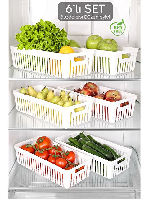 Meleni Home 6 Adet Buzdolabı Düzenleyici Sepet Dolap İçi Meyve Sebze Düzenleyici Organizer Saklama Kabı Beyaz - S000387488-20063