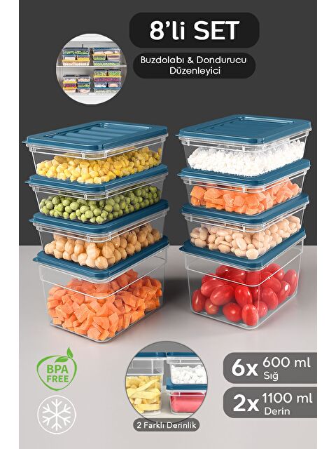 Meleni Home 8li Mikrodalga Uyumlu Organizer Set Düzenleyici Gıda Erzak Saklama Kabı Derin ve Sığ S Mavi - S000387489-17234