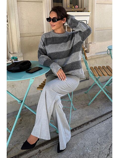 Madmext Antrasit Bisiklet Yaka Çizgili Triko Kadın Kazak Mg2472 - S000437749-29666