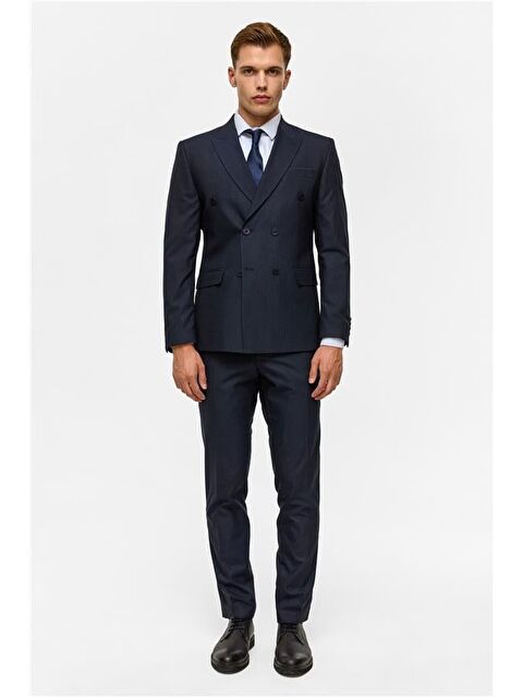 Süvari Lacivert Slim Çizgili Kruvaze Yaka 6 Drop Takım Elbise - S000460463-21164