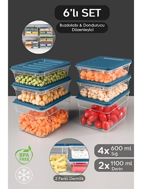 Meleni Home 6lı Buzdolabı Organizer Set Düzenleyici Saklama Kabı Derin ve Sığ Mikrodalga Difriz Kabı S Mavi - S000387491-17234