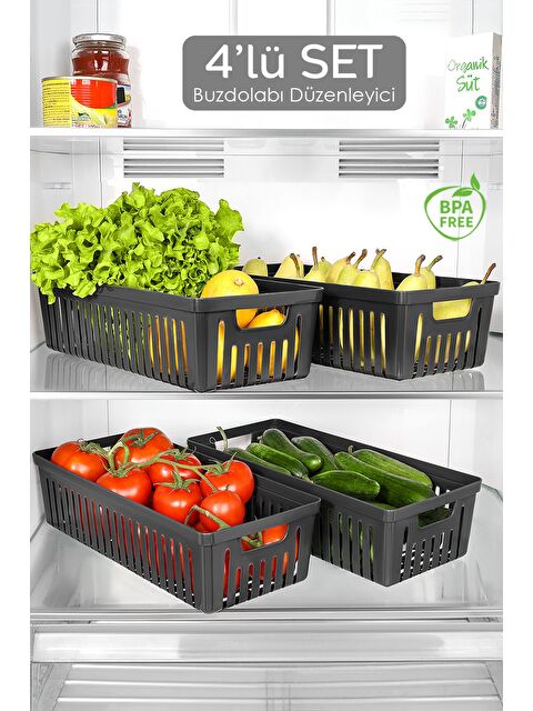 Meleni Home 4 Adet Buzdolabı Düzenleyici Sepet Dolap İçi Meyve Sebze Düzenleyici Organizer Saklama Kabı Siyah - S000387492-19351