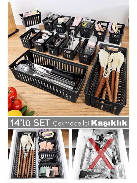 Meleni Home 14 Parça Modüler Kaşıklık Seti Çok Amaçlı Çekmece İçi Düzenleyici Mutfak Organizer Kepçelik Siyah - S000387493-19351