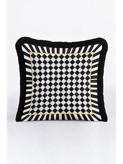 Milbay Grup Luks Geometrik Saçaklı Yastık Kılıfı - Monokrom Optik Modern Siyah Beyaz Püsküllü Kırlent Kılıfı