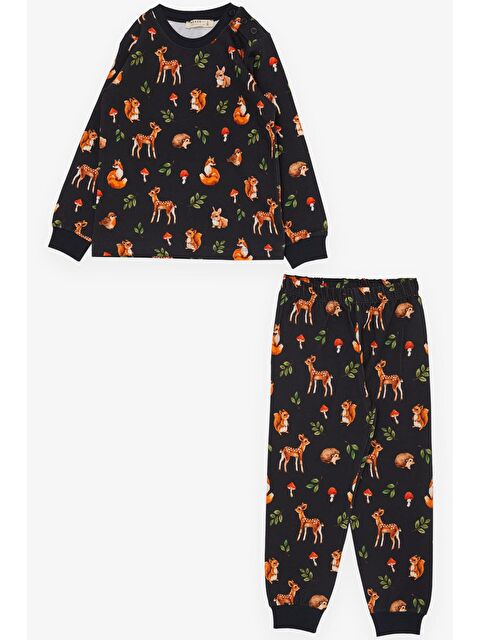 Breeze Kız Çocuk Pijama Takımı Orman Temalı Sevimli Hayvancıklar Desenli Antrasit (1-2 Yaş) - S000110797-29666