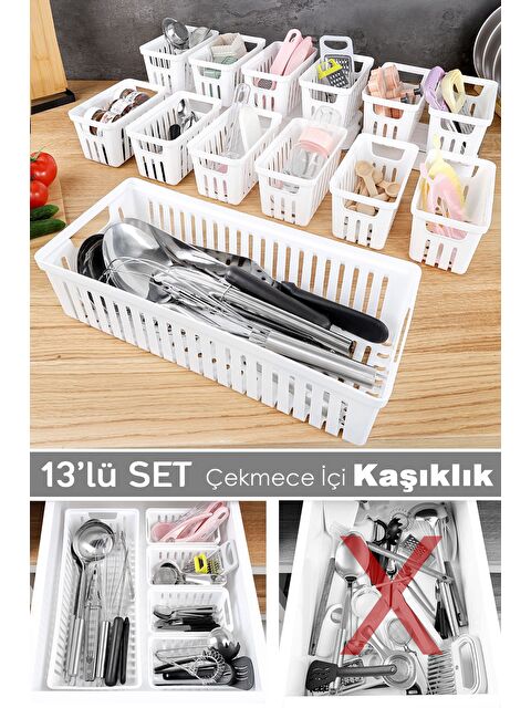 Meleni Home 13 Parça Modüler Kaşıklık Seti Çok Amaçlı Çekmece İçi Düzenleyici Mutfak Organizer Kepçelik Beyaz - S000387495-20063