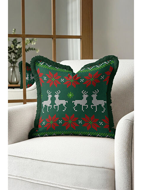 Milbay Grup Zarif Saçaklı Yastık Kılıfı - Noel Ren Geyiği Temalı Yeşil Kırmızı Retro Püsküllü Kırlent Kılıfı