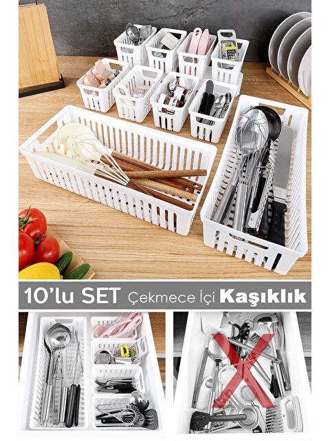 Meleni Home 10 Parça Modüler Kaşıklık Seti Çok Amaçlı Çekmece İçi Düzenleyici Mutfak Organizer Kepçelik Beyaz - S000387498-20063