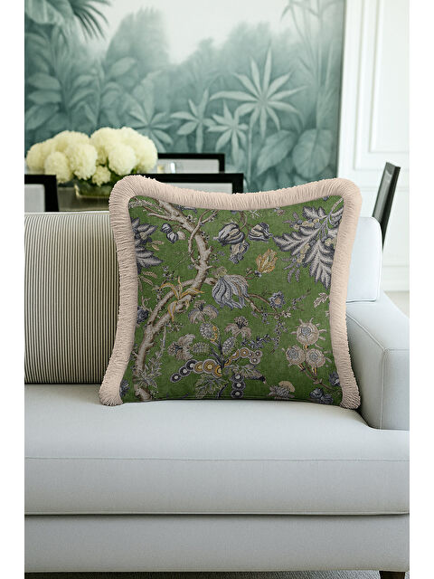 Milbay Grup Botanik Lüks Saçaklı Yastık Kılıfı - Doğa Esintili Klasik Yeşil Bej Püsküllü Kırlent Kılıfı