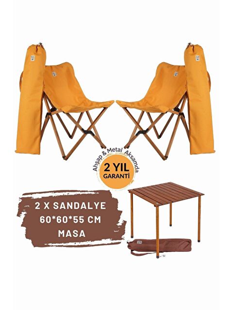 Bag The Joy Ahşap Katlanır Kahverengi - Hardal Masa Sandalye Seti  60*60*55cm - S000233442-20074