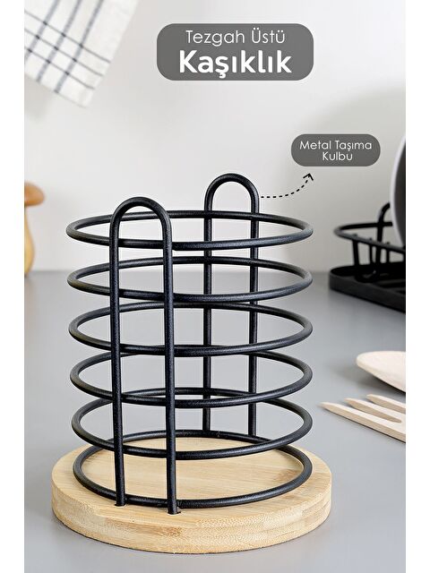 Meleni Home Bambu Tabanlı Metal Kaşıklık Tezgah Üstü Dik Kaşıklık Mutfak Düzenleyici Dekoratif Organizer - S000387499-23173