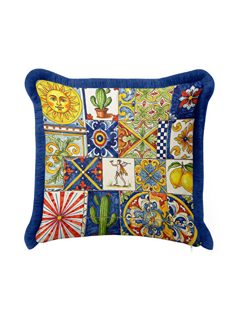 Milbay Grup Akdeniz Seramik Motifli Saçaklı Yastık Kılıfı - Sicilya Stil Canlı Bohem Mavi Püsküllü Kırlent Kılıf