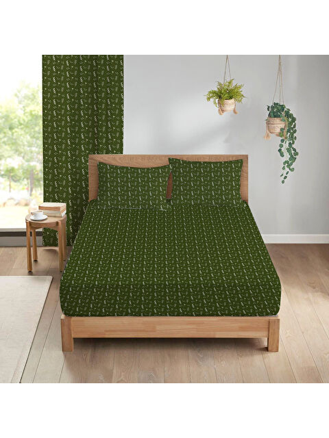 Evmila Çiçek Desenli Baskılı 180x200 Çift Kişilik Lastikli Çarşaf Seti Yeşil - S000291111-23173