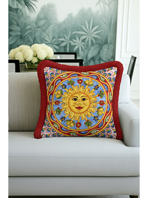 Milbay Grup Barok İtalyan Saçaklı Yastık Kılıfı - Güneş Motifli Akdeniz Bohem Kırmızı Püsküllü Kırlent Kılıfı