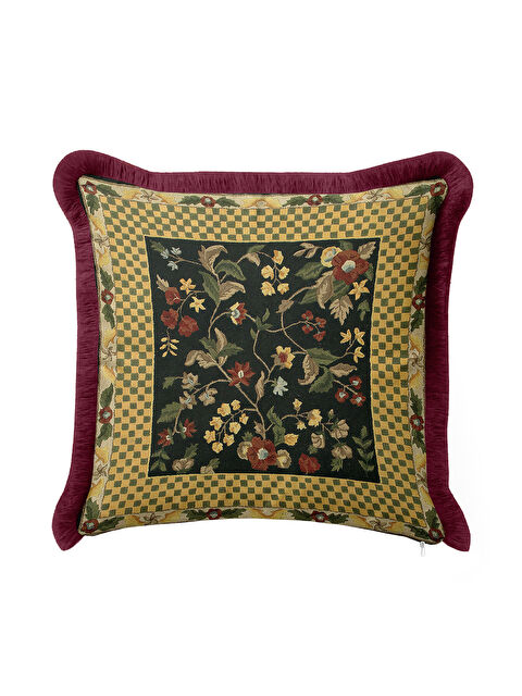 Milbay Grup Vintage Çiçekli Saçaklı Yastık Kılıfı - Zarif Klasik Rustik Altın Renk Bordo Püsküllü Kırlent Kılıfı