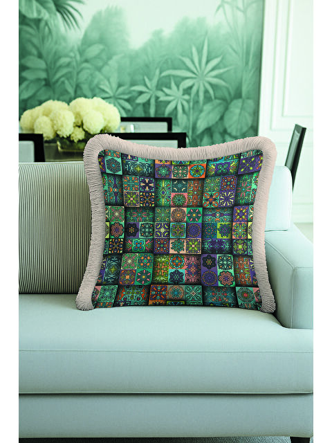 Milbay Grup Etnik Motifli Saçaklı Yastık Kılıfı - Mozaik Bohem Yeşil Mavi Gri Püsküllü Kırlent Kılıfı