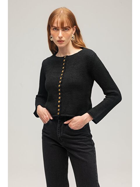 Saade Siyah Kadın Ahşap Düğmeli Uzun Kollu Bisiklet Yaka Triko Hırka