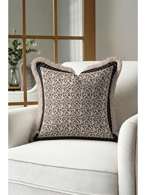 Milbay Grup Mozaik Kareli Saçaklı Yastık Kılıfı - Geometrik Modern Siyah Bej Püsküllü Kırlent Kılıfı