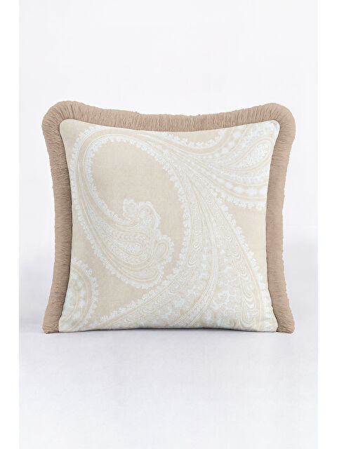 Milbay Grup Zarif Saray Motifli Saçaklı Yastık Kılıfı - Klasik Country Bej Krem Püsküllü Kırlent Kılıfı