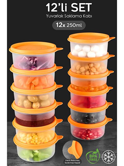 Meleni Home 12'li Yuvarlak Gıda Saklama Kabı Seti 12x250 ml Turuncu - S000382894-20013