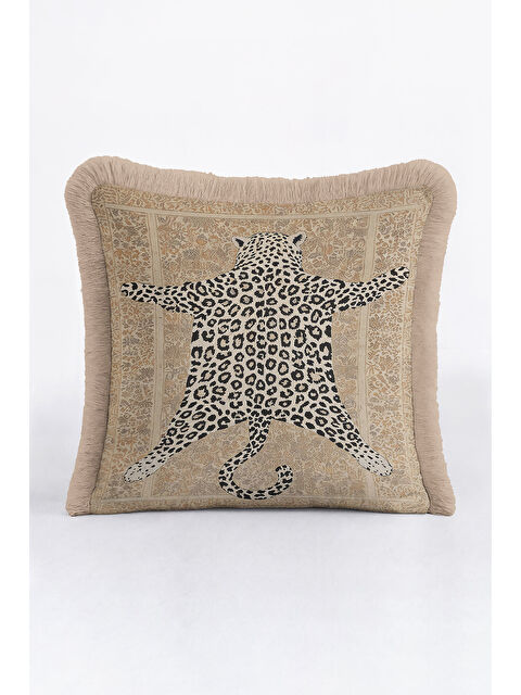 Milbay Grup Vintage Pers İpek Saçaklı Yastık Kılıfı - Leopar Figürlü Bohem Bej Gold Renk Püsküllü Kırlent Kılıfı