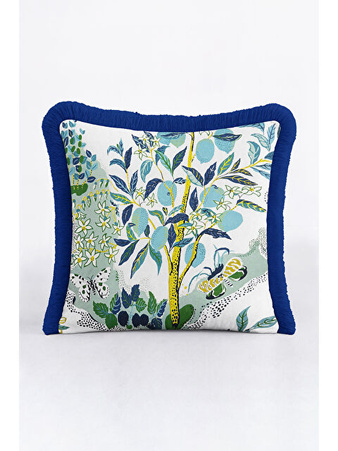 Milbay Grup Botanik Orman Saçaklı Yastık Kılıfı - Doğal Bahçe Tropikal Bohem Mavi Sarı Püsküllü Kırlent Kılıfı