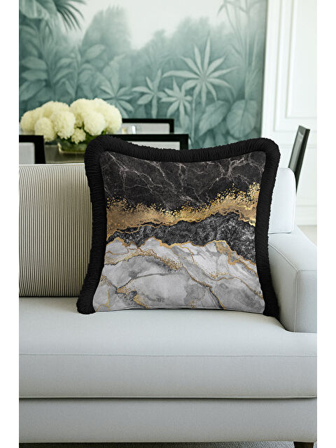 Milbay Grup Lüks Mermer Desen Saçaklı Yastık Kılıfı - Asil Modern Siyah Gri Altın Renkli Püsküllü Kırlent Kılıfı