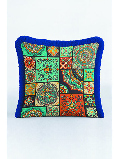 Milbay Grup Ornamental Patchwork Saçaklı Yastık Kılıfı - Mandala Bohem Turkuaz Lacivert Püsküllü Kırlent Kılıfı