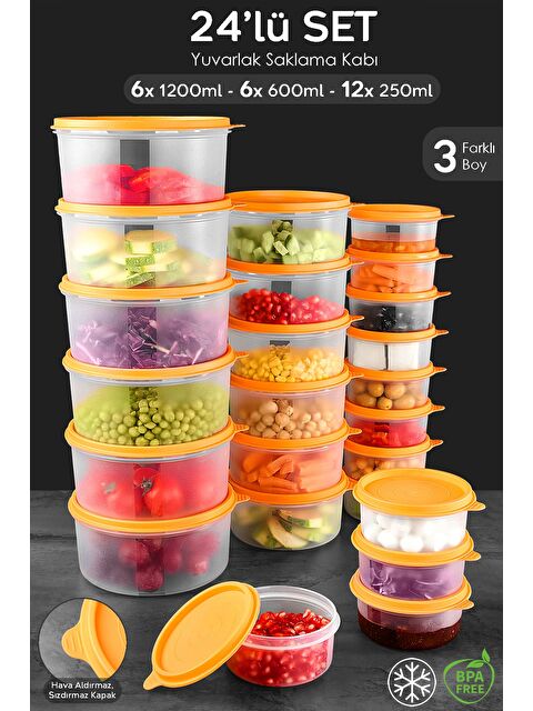 Meleni Home 24'lü Yuvarlak Gıda Saklama Kabı Seti 12x250 6x600 6x1200 ml Turuncu - S000382907-20013