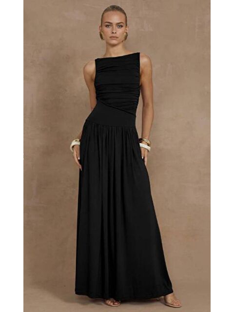 Madmext Siyah Önü Dökümlü Uzun Boy Kadın Elbise Mg2364 - S000367773-19351