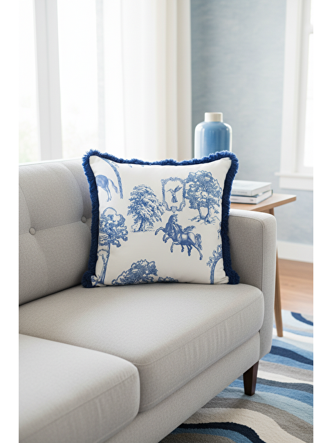 Milbay Grup Klasik Fransız Stil Saçaklı Yastık Kılıfı - Vintage Country Mavi Naturel Püsküllü Kırlent Kılıfı