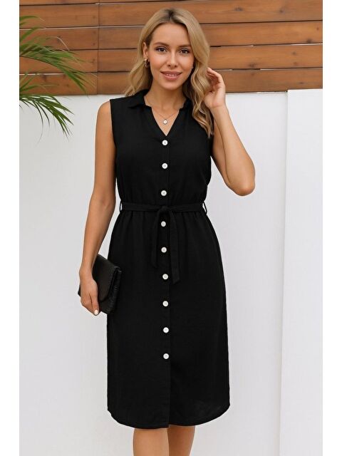 Jane's Kadın Sıfır Kollu Hakim Yaka önden Düğmeli Belden Kuşaklı Ithal Keten Elbise - S000528737-19351